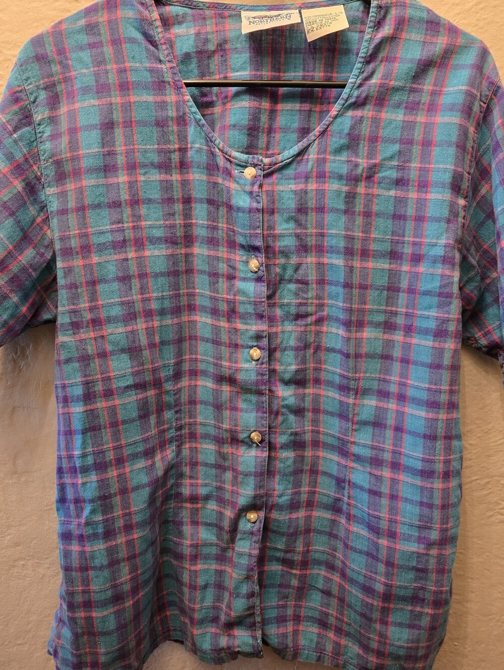 Northern Reflections Vintage Teal Plaid Cottagecore Cotton Shirt L